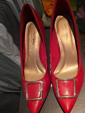 comfort plus by Predictions Red Pointed Toe Pumps with Silver Buckle